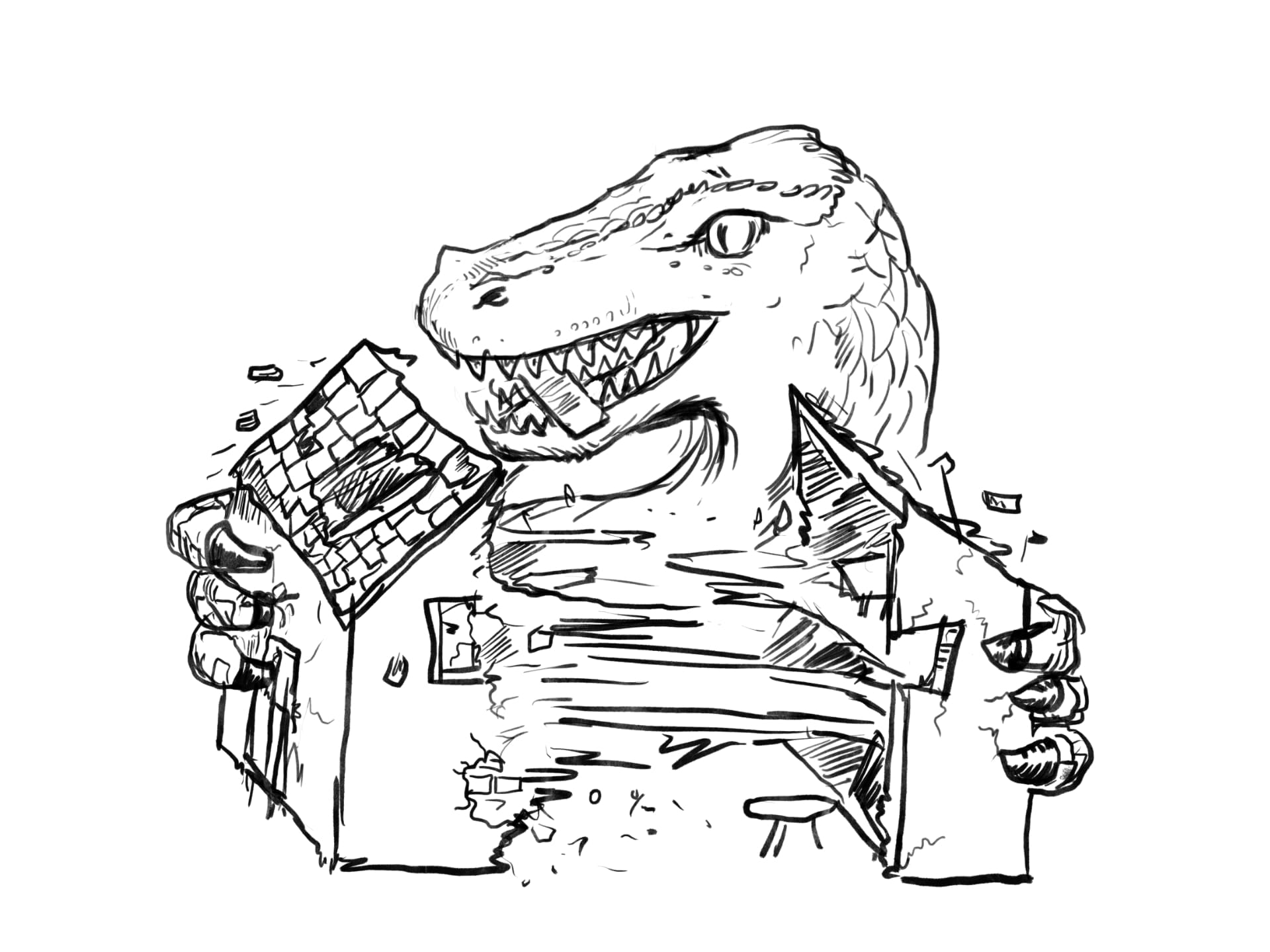 Illustration Rethinking-Memory – Dinosaurier zerfetzt ein Haus
